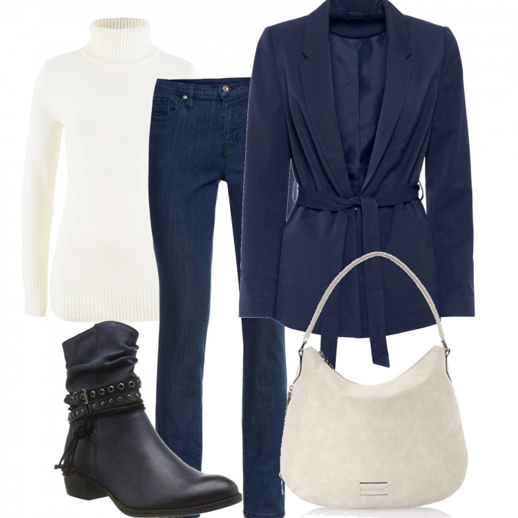 Outfit donna - Panna e blu. Stile Basic per Tutti i giorni. Abbinamento con maglieria, blazer, jeans, borse a tracolla, stivaletti.