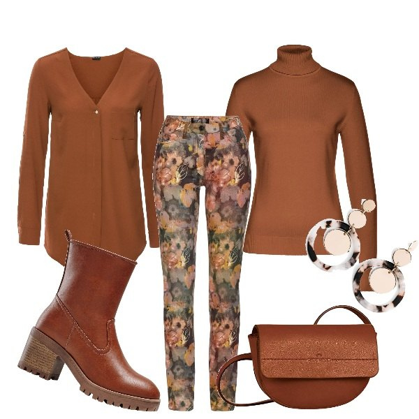 Outfit donna - Brown e fiori. Stile Basic per Tutti i giorni. Abbinamento con camicie, stivaletti, maglieria, pantaloni, orecchini, borse a spalla.