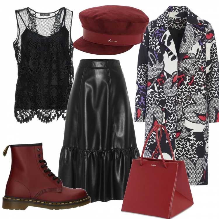 Outfit donna - Cappotto spiritoso. Stile Rock per Tutti i giorni. Abbinamento con top, cappotti, anfibi, borse a mano, gonne, cappelli con visiera.