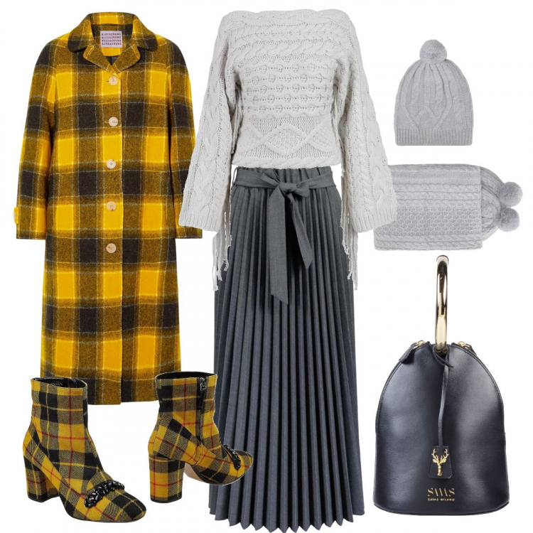 Outfit donna - I colori del nuovo anno. Stile Bon Ton per Tutti i giorni. Abbinamento con sciarpe, borse a secchiello, stivaletti, cappotti, gonne lunghe, pullovers.