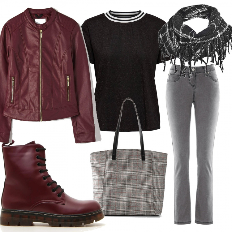Outfit donna - Atmosfera bordeaux. Stile Trendy per Tutti i giorni. Abbinamento con jeans slim fit, shopping bag, cappotti, camicie, anfibi, scialli.