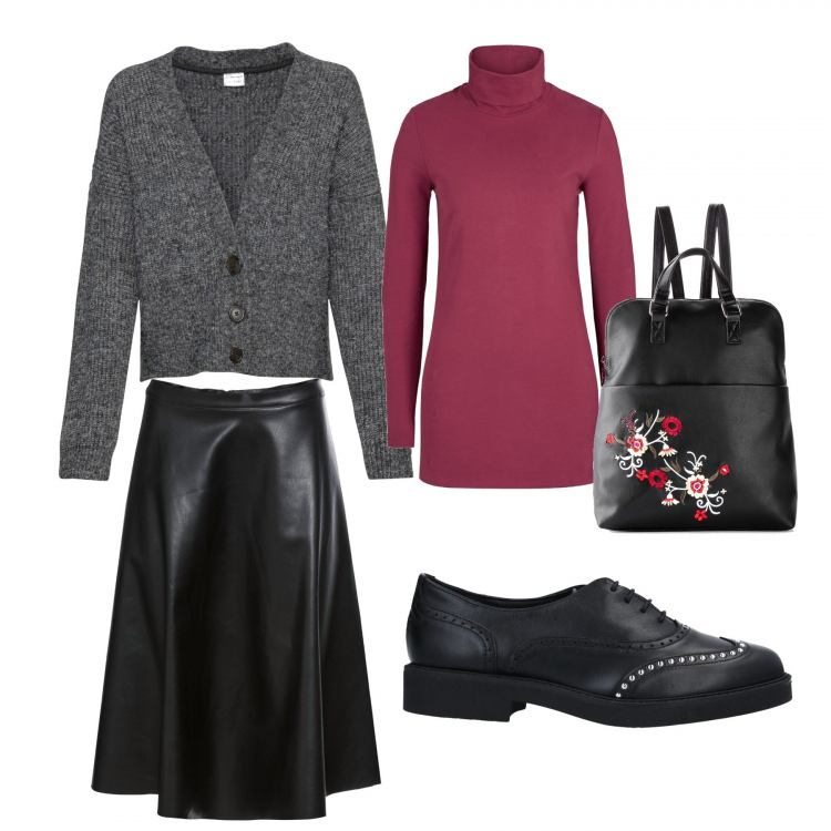 Outfit donna - Total look curvy. Stile Trendy per Tutti i giorni. Abbinamento con gonne, cardigans, zaini, vestiti, scarpe stringate.