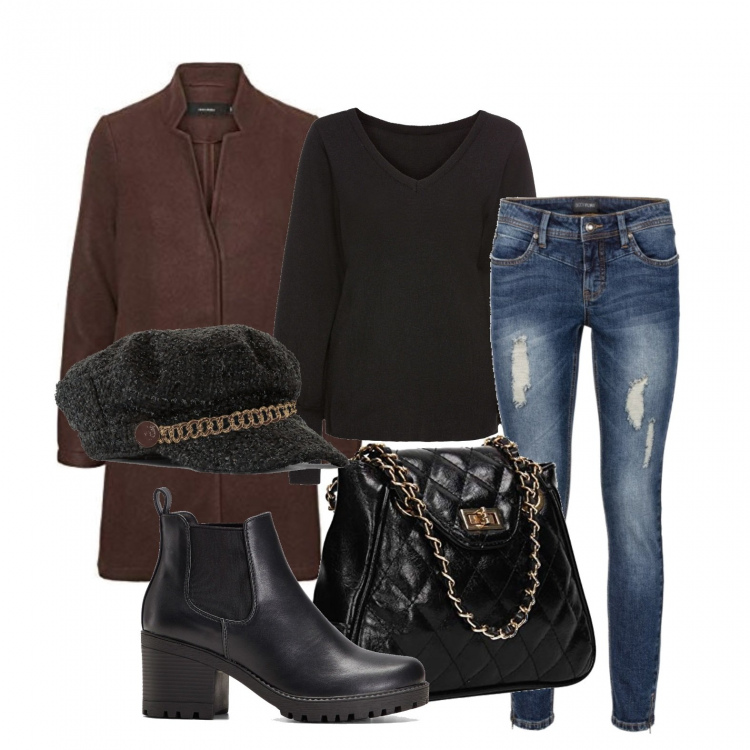 Outfit donna - Jeans, cappotto e via .... Stile Basic per Tutti i giorni. Abbinamento con maglieria, stivaletti chelsea, jeans strappati, cappelli, blazer, pochette.
