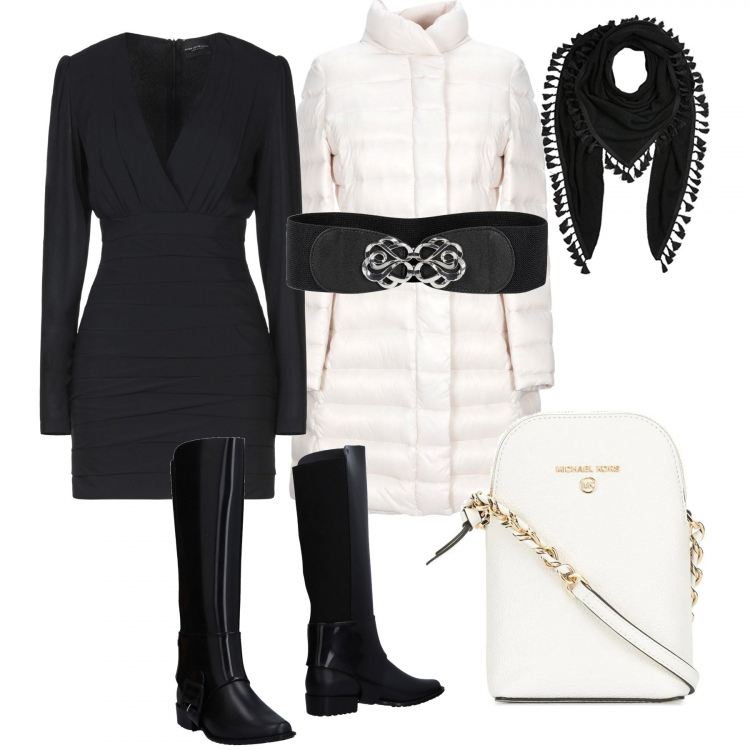 Outfit donna - Una passeggiata sotto la pioggia. Stile Basic per Tutti i giorni. Abbinamento con cinture, stivali, vestiti corti, piumini, borse a tracolla, scialli.