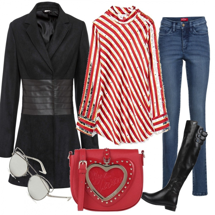 Outfit donna - Total look #852627. Abbinamento con jeans slim fit, cappotti, stivali, borse a mano, bluse, occhiali da sole.