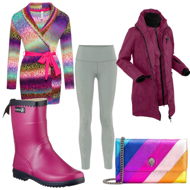 Outfit donna - Dopo la pioggia l\'arcobaleno. Stile Trendy per Tutti i giorni. Abbinamento con blazer, cardigans, borse a tracolla, leggings, stivali di gomma.