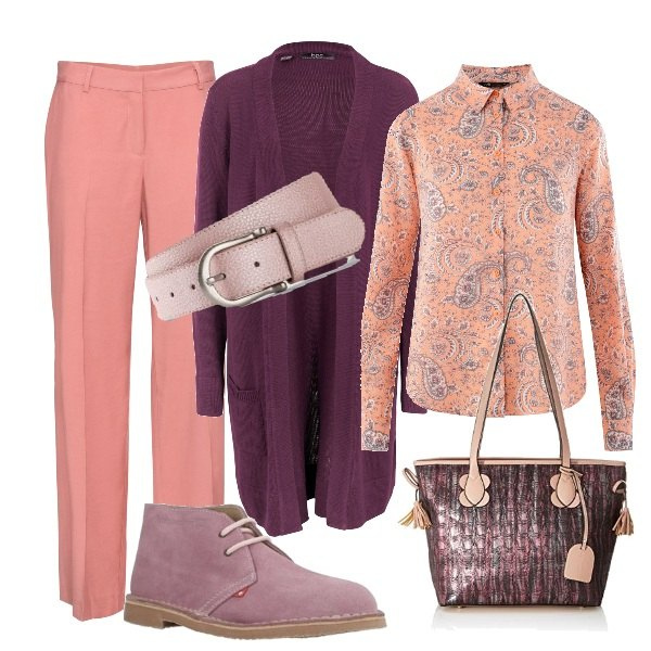 Outfit donna - Color in sequenza. Stile Basic per Tutti i giorni. Abbinamento con cardigans, pantaloni, cinture, stivaletti, camicie, borse tote.