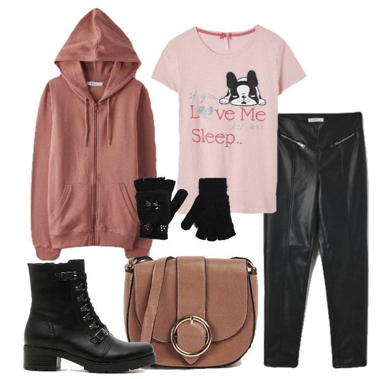 Outfit donna - Regali di Natale!. Stile Basic per Tutti i giorni. Abbinamento con felpe con cappuccio, borse a tracolla, t-shirt, pantaloni, guanti, anfibi.