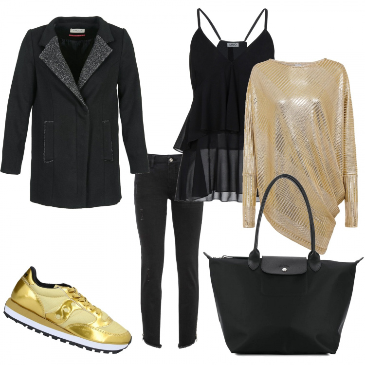 Outfit donna - Lunedì in oro. Stile Trendy per Tutti i giorni. Abbinamento con jeans skinny, pullovers, sneakers, top, cappotti, shopping bag.
