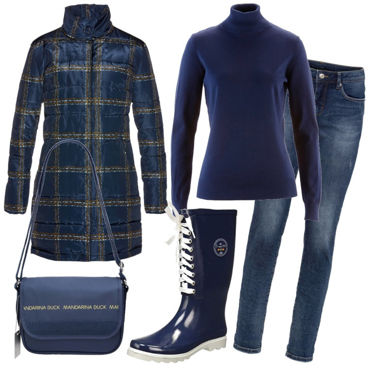 Outfit donna - Sotto la pioggia gli stivali in gomma. Stile Basic per Tutti i giorni. Abbinamento con maglieria, cappotti, jeans, borse a tracolla, stivali di gomma.