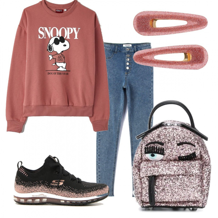 Outfit donna - Sportivo con brio. Stile Basic per Tutti i giorni. Abbinamento con felpe, jeggings, zaini, sneakers, accessori per capelli.