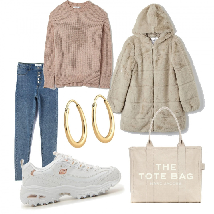 Outfit donna - Capi Terranova e scarpe Pittarello. Stile Basic per Tutti i giorni. Abbinamento con cappotti, jeggings, pullovers, sneakers, borse tote, orecchini.