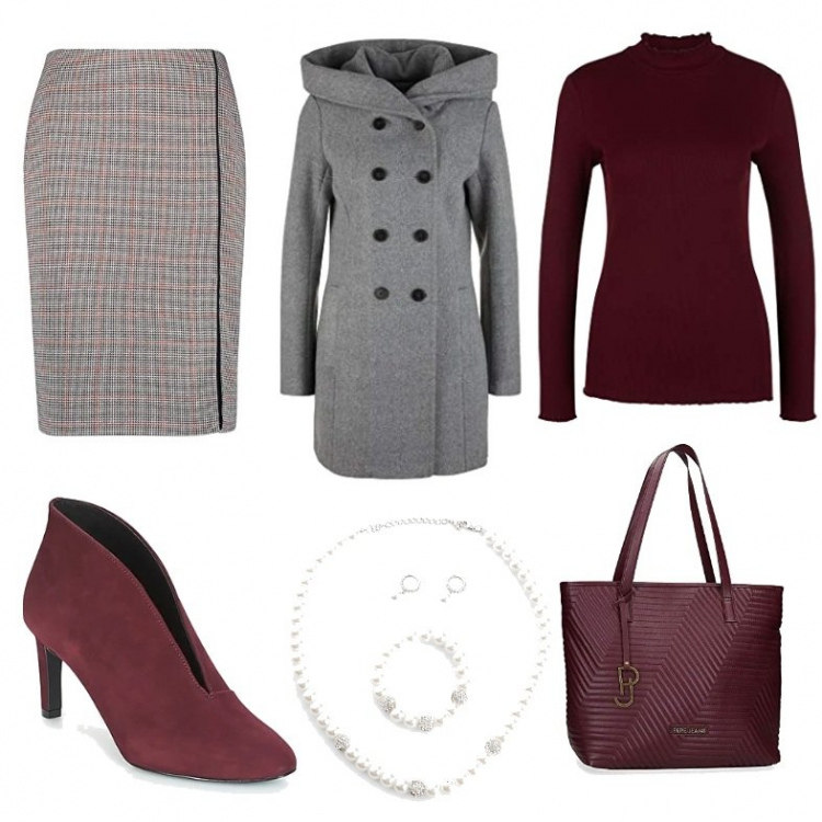 Outfit donna - A cena con i colleghi. Stile Bon Ton per Serata fuori. Abbinamento con collane, décolleté, gonne, borse a mano, t-shirt, cappotti.