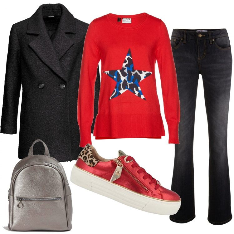 Outfit donna - Sneakers e Animalier. Stile Basic per Tutti i giorni. Abbinamento con jeans bootcut, cappotti, maglioni, zaini, sneakers.
