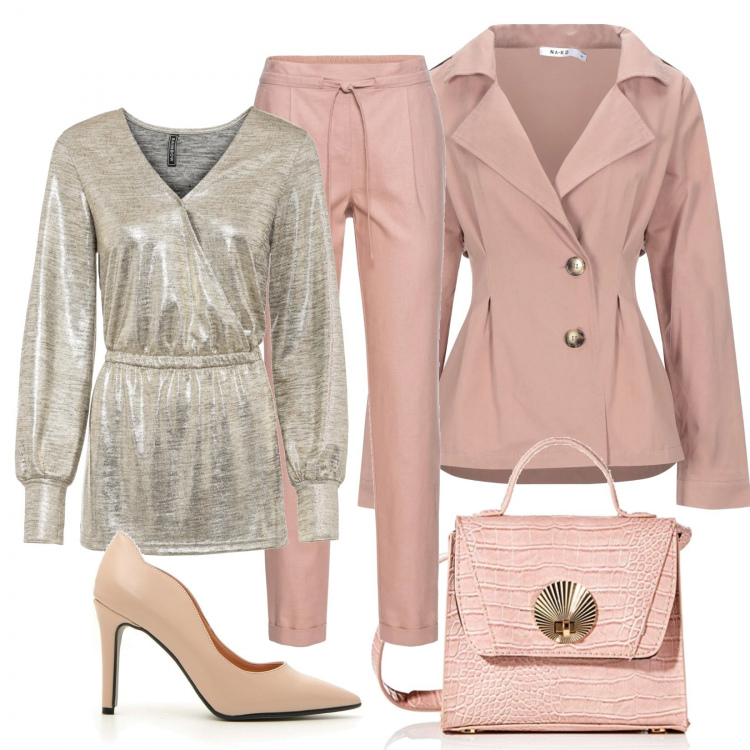Outfit donna - Rosa e oro. Stile Trendy per Tutti i giorni. Abbinamento con pantaloni, pullovers, blazer, borse a tracolla, décolleté.