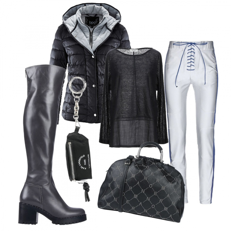 Outfit donna - Trendy #93274. Stile Trendy per Tutti i giorni. Abbinamento con piumini, borse a mano, stivali, pantaloni, pullovers, portachiavi.