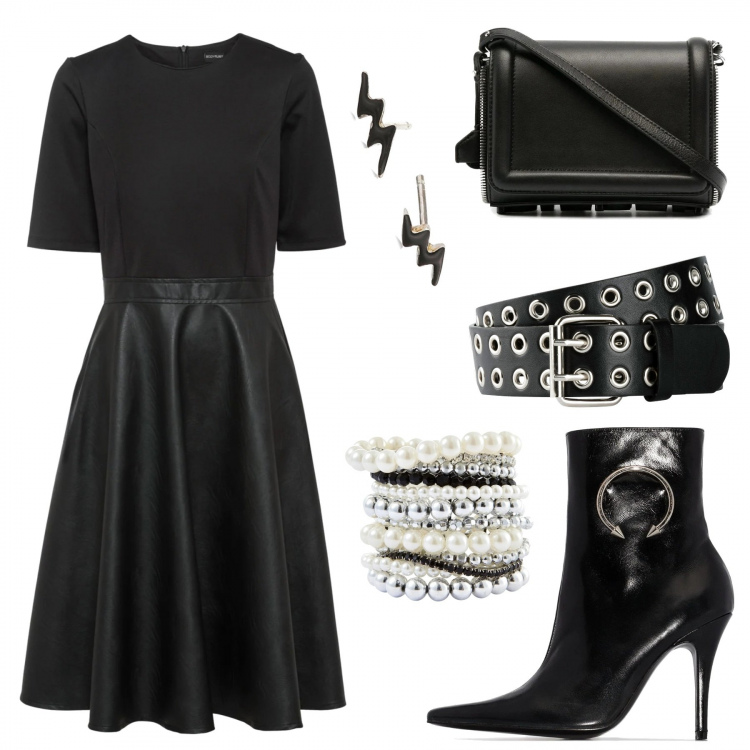 Outfit donna - Inverno rock - Focus Donna Curvy. Stile Rock per Serata fuori. Abbinamento con cinture, braccialetti, vestiti, stivaletti, borse a tracolla, orecchini.