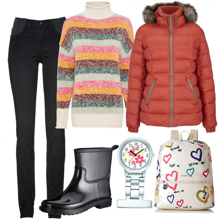Outfit donna - Stamattina piove. Stile Basic per Scuola/Università. Abbinamento con jeans skinny, piumini, maglioni, stivali di gomma, zaini, orologi.