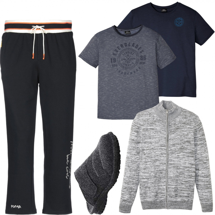 Outfit uomo - Finalmente in ferie. Stile Casual per Tutti i giorni. Abbinamento con t-shirt, cardigans, pantaloni, pantofole.