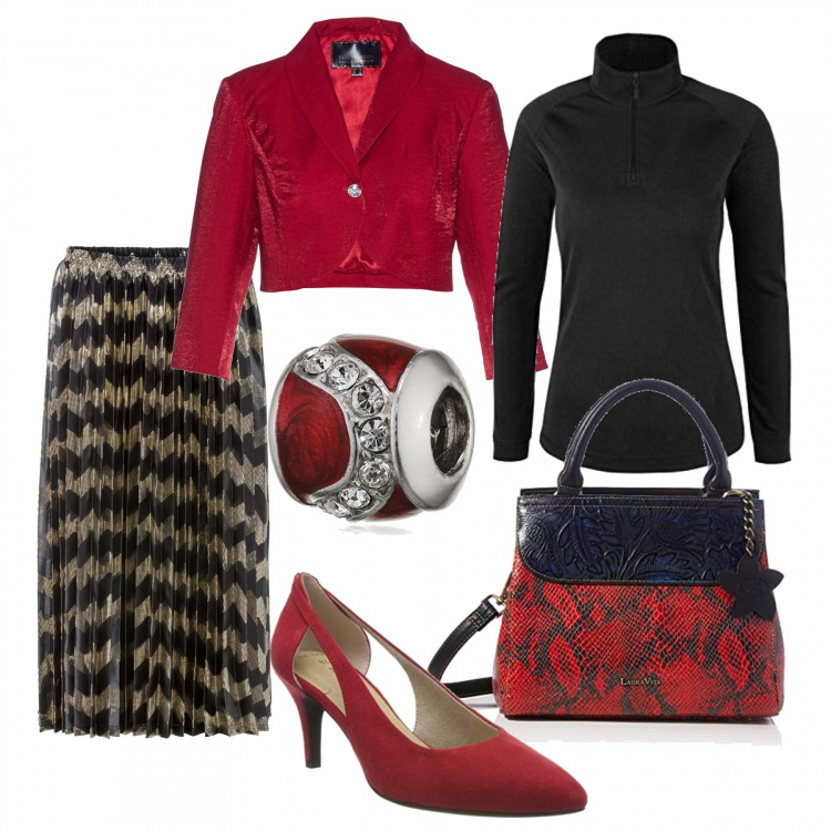 Outfit donna - Christmas curvy. Stile Rock per Tutti i giorni. Abbinamento con gonne, bolero, scarpe col tacco, borse tote, ciondoli, maglieria.