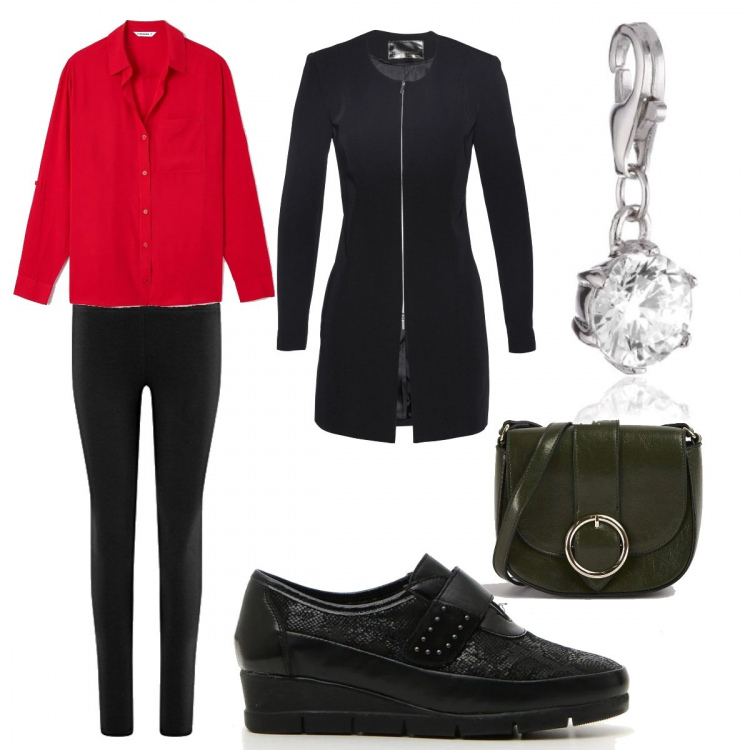 Outfit donna - Un tocco di rosso. Stile Trendy per Tutti i giorni. Abbinamento con blazer, camicie, borse a tracolla, leggings, mocassini, ciondoli.