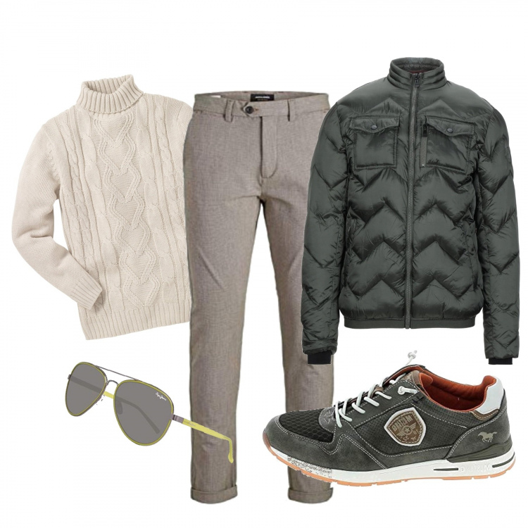 Outfit uomo - Dolcevita a trecce. Stile Trendy per Tutti i giorni. Abbinamento con maglieria, piumini, sneakers, pantaloni, occhiali da sole.
