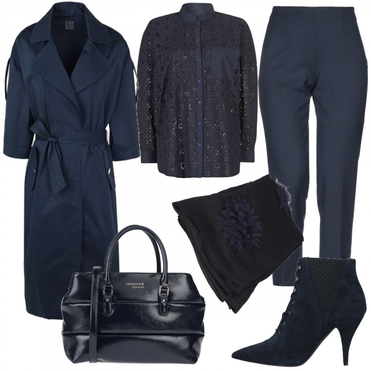 Outfit donna - Blu notte. Stile Bon Ton per Tutti i giorni. Abbinamento con pantaloni capri, borse a mano, trench, stivaletti, sciarpe, camicie.