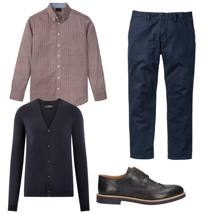 Outfit uomo - Cardigan blu. Stile Casual per Ufficio. Abbinamento con pantaloni chino, camicie, scarpe stringate, cardigans.