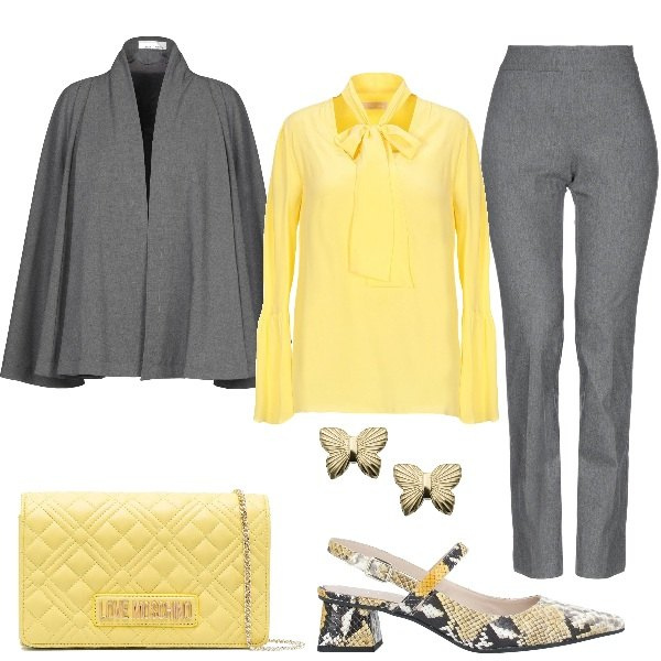 Outfit donna - Grigio e giallo. Stile Chic per Ufficio. Abbinamento con bluse, pantaloni, décolleté, blazer, orecchini, borse a tracolla.