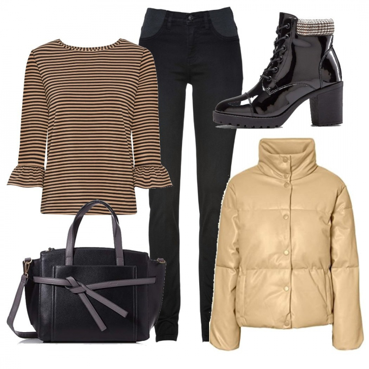 Outfit donna - Sotto la pioggia. Stile Basic per Ufficio. Abbinamento con jeans skinny, blazer, stivaletti, shopping bag, blazer.