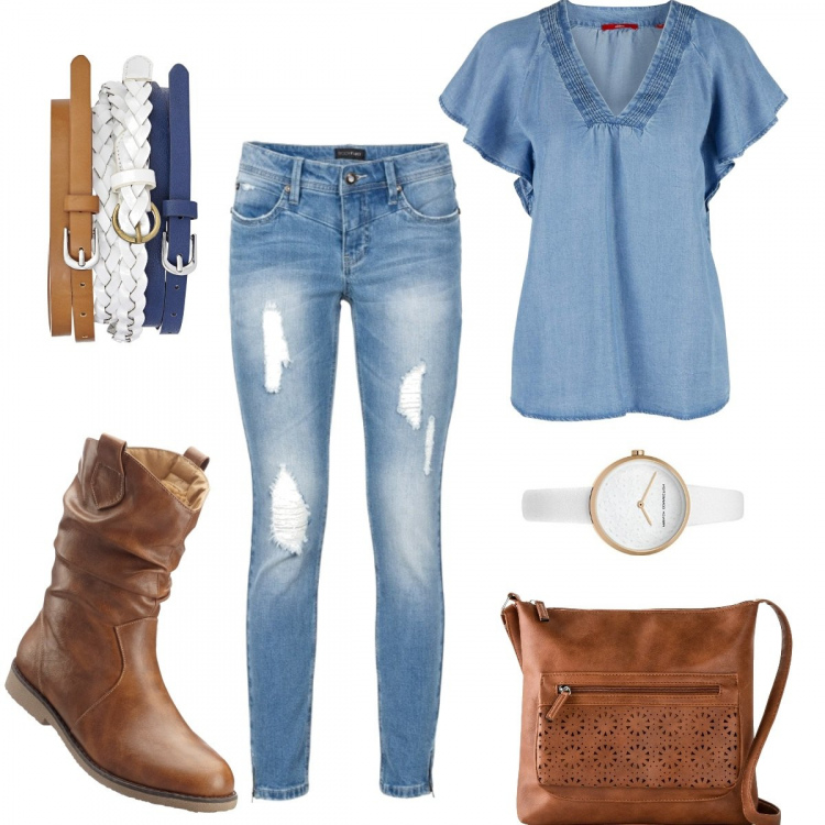 Outfit donna - Stivaletto marrone. Stile Urban per Tutti i giorni. Abbinamento con borse a tracolla, stivaletti, cinture, jeans strappati, bluse, orologi.