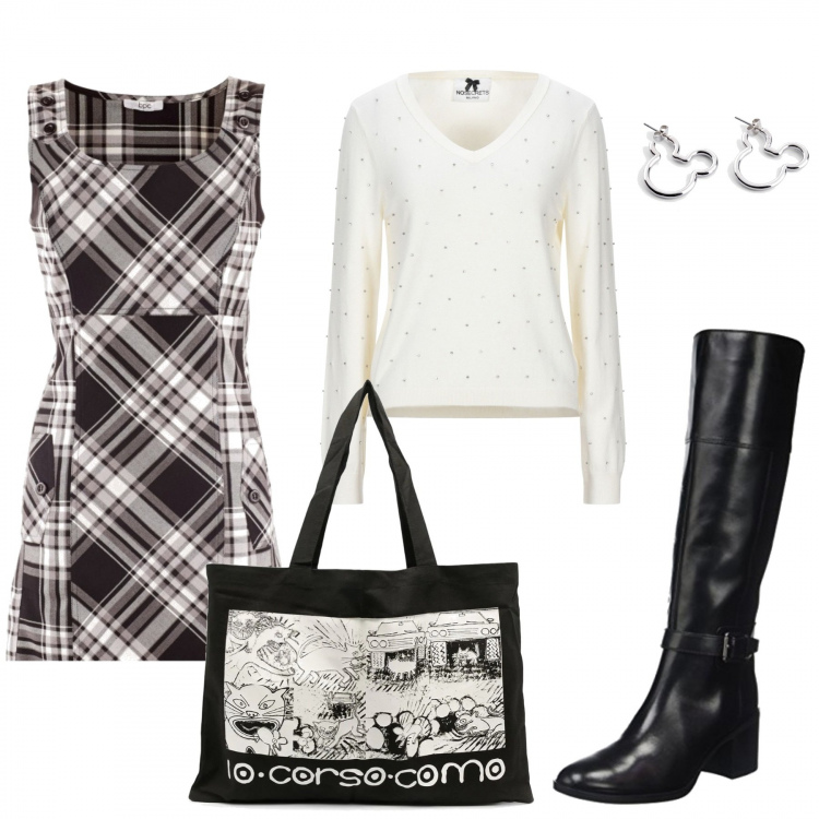 Outfit donna - Semplicità. Stile Trendy per Tutti i giorni. Abbinamento con pullovers, vestiti, orecchini, borse tote, stivaletti.