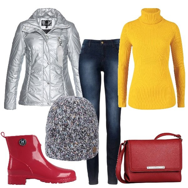 Outfit donna - Under the rain. Stile Basic per Tutti i giorni. Abbinamento con jeans skinny, maglioni, cappotti, stivali di gomma, borse a spalla, cappelli.