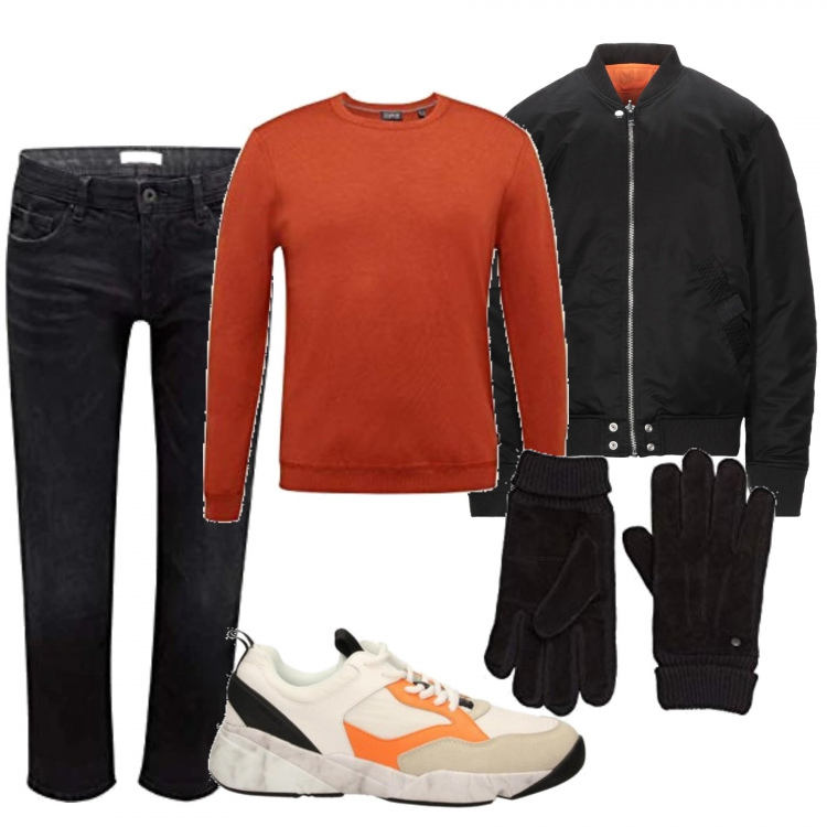 Outfit uomo - Il bomber. Stile Casual per Tutti i giorni. Abbinamento con sneakers, piumini, maglioni, jeans, guanti.