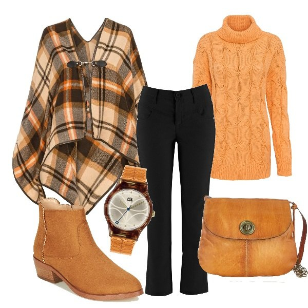 Outfit donna - Poncho raffinato. Stile Basic per Tutti i giorni. Abbinamento con pantaloni, maglioni, cappotti, stivaletti, borse a tracolla, orologi analogici.