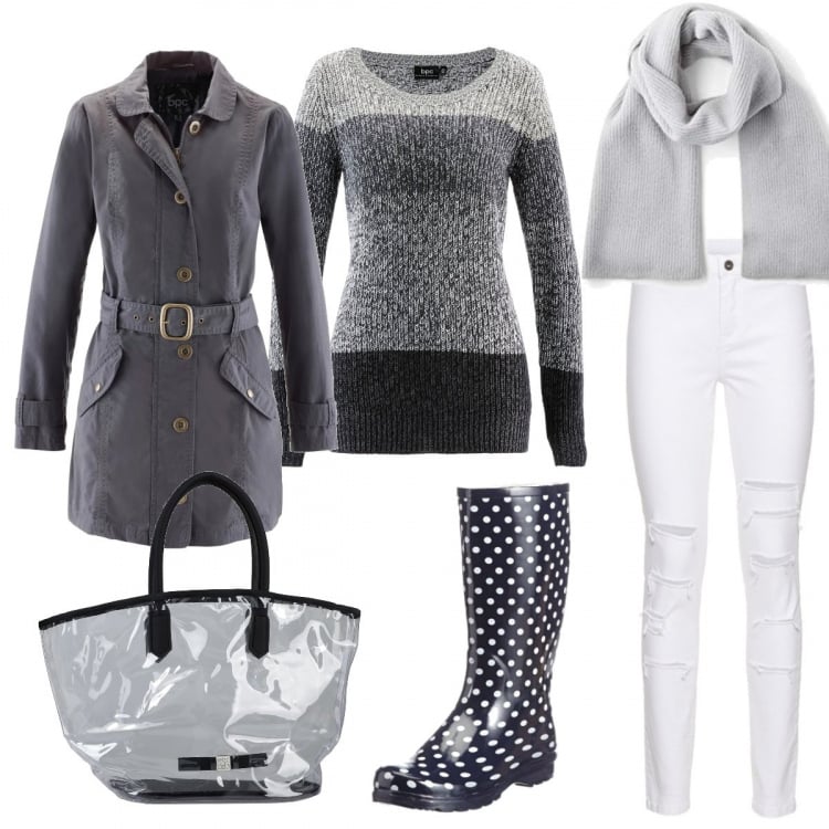 Outfit donna - Giornata piovosa. Stile Trendy per Tutti i giorni. Abbinamento con borse a mano, maglieria, pantaloni skinny, trench, stivali di gomma, sciarpe.