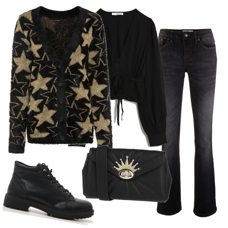 Outfit donna - Comoda nei giorni di festa. Stile Trendy per Tutti i giorni. Abbinamento con jeans bootcut, cardigans, borse a tracolla, camicie, stivaletti.