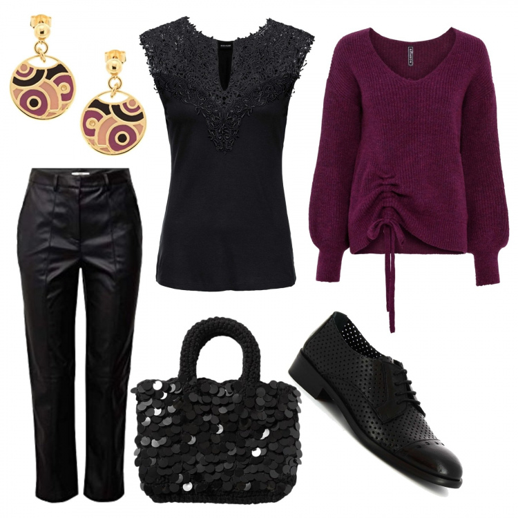 Outfit donna - Capodanno in casa. Stile Basic per Serata fuori. Abbinamento con top, maglioni, borse a mano, francesine, pantaloni culotte, orecchini.