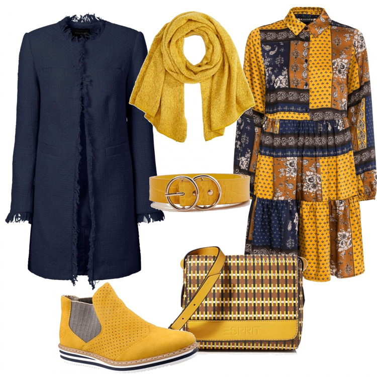 Outfit donna - In giro di giallo e blu. Stile Basic per Tutti i giorni. Abbinamento con blazer, vestiti, cinture, stivaletti chelsea, borse a tracolla, sciarpe.