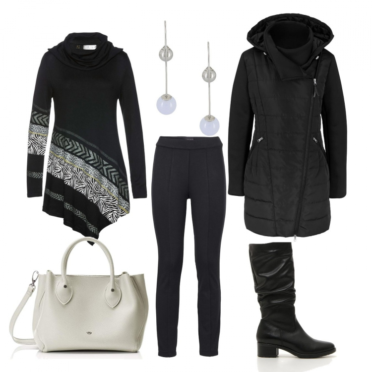 Outfit donna - Trendy #93945. Stile Trendy per Serata fuori. Abbinamento con blazer, maglieria, treggings, orecchini, stivali, borse tote.