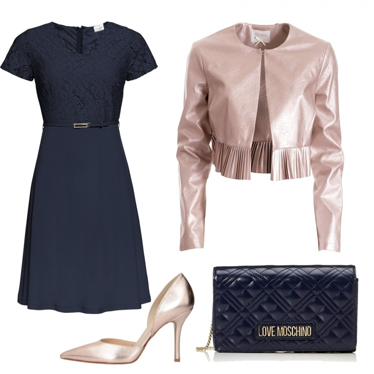Outfit donna - Natale blu e oro rosa. Stile Chic per Serata fuori. Abbinamento con vestiti corti, décolleté, bolero, pochette.