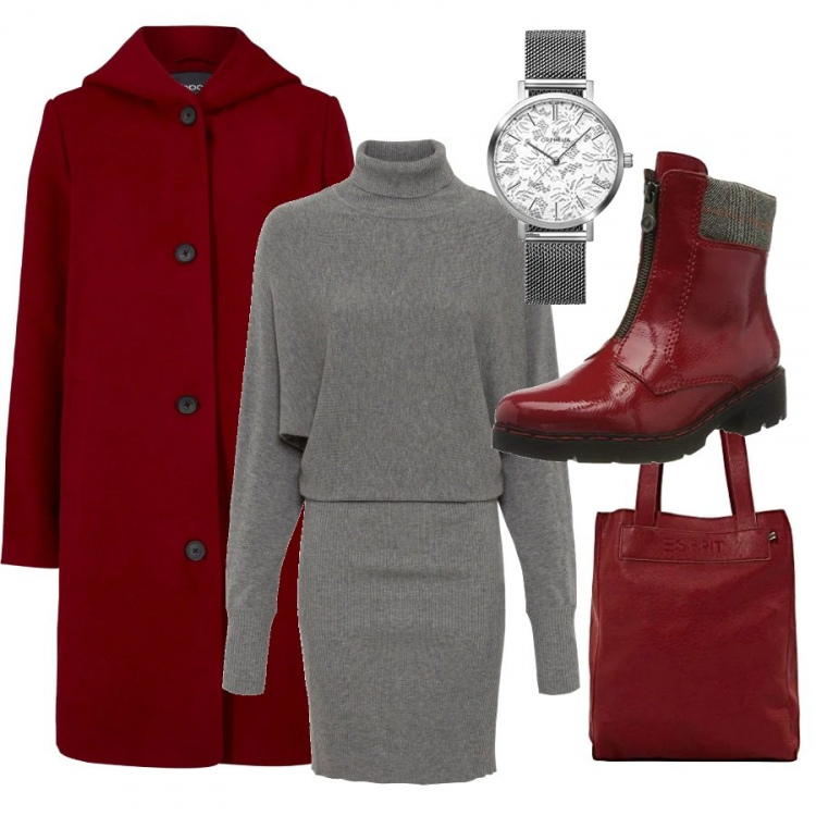 Outfit donna - Confortevole e caldo. Stile Trendy per Tutti i giorni. Abbinamento con vestiti, cappotti, stivali, shopping bag, orologi analogici.