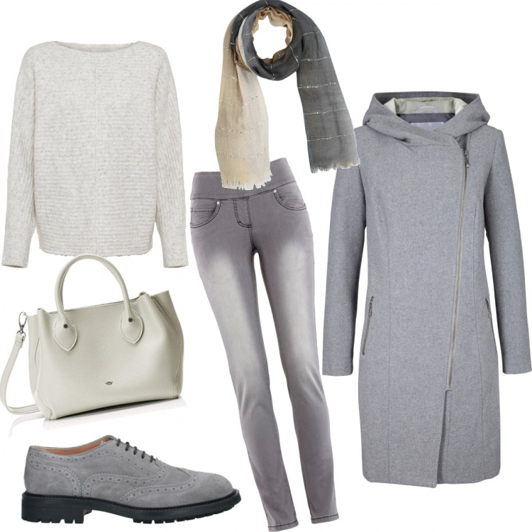 Outfit donna - Neutro. Stile Trendy per Tutti i giorni. Abbinamento con jeans slim fit, giacche, maglioni, scarpe stringate, stole, borse tote.