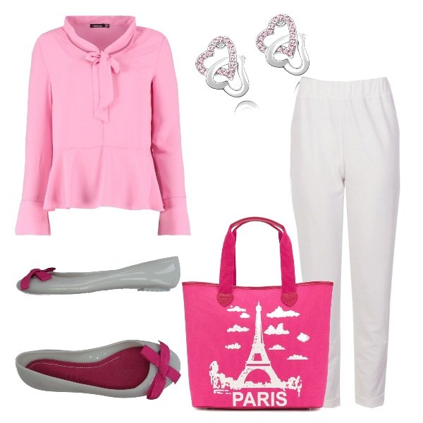 Outfit donna - Sogno parigino. Stile Bon Ton per Ufficio. Abbinamento con borsa a mano tote taglia unica rosa e viola, orecchini con strass rosa.
