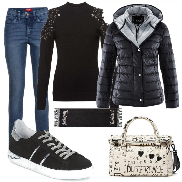 Outfit donna - Easy chic Con le sneakers. Stile Trendy per Tutti i giorni. Abbinamento con piumini, jeans slim fit, maglioni, sneakers, borse a mano, sciarpe.