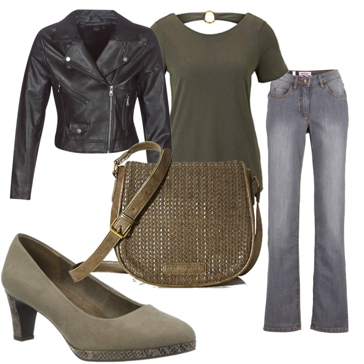 Outfit donna - Verde militare. Stile Trendy per Tutti i giorni. Abbinamento con jeans dritti, giacche, borse a tracolla, t-shirt, décolleté.