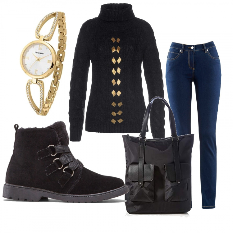 Outfit donna - Passeggiata. Stile Basic per Tutti i giorni. Abbinamento con jeans dritti, maglioni, stivaletti, zaini, orologi.