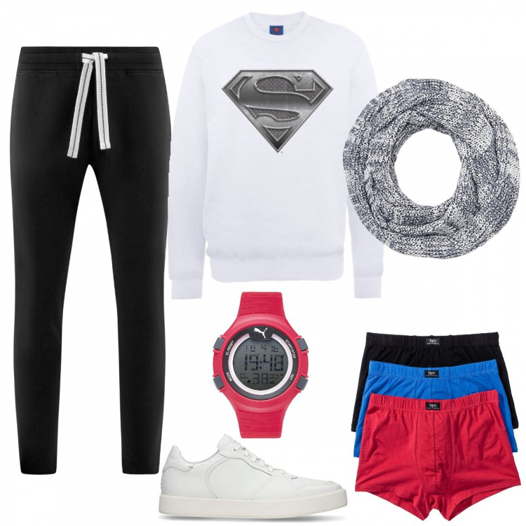 Outfit uomo - Capodanno comfort con tocchi di rosso. Stile Casual per Serata speciale. Abbinamento con boxer, pantaloni, felpe, sciarpe, scarpe stringate, orologi digitali.