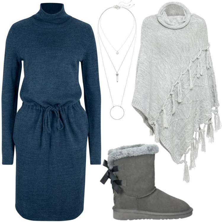 Outfit donna - La prima neve. Stile Basic per Tutti i giorni. Abbinamento con vestiti, ciondoli, cappotti, stivali da neve.