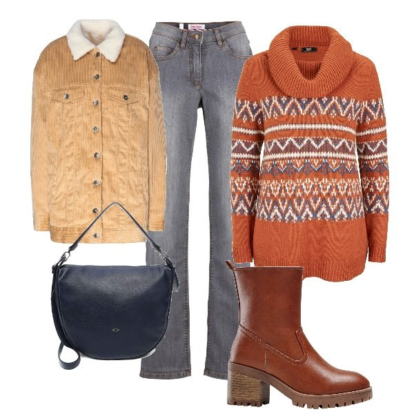 Outfit donna - Marinella5p. Stile Trendy per Tutti i giorni. Abbinamento con stivaletti, jeans dritti, maglieria, cappotti, borse a tracolla.